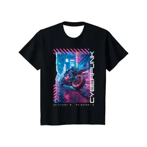 Men's cyberpunk motorcycle in futuristic Tokyo Graphic T-Shirt - Short Sleeve Crew Neck Regular Fit Casual Wear | Soft & Breathable Fabric, Durable Print, Everyday Comfort, Machine Washable, cyberpunk neon-lit urban street at night with a rider on a
