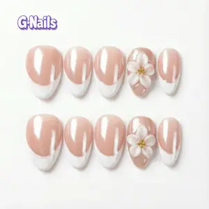 G-Nails A94 Glittery Mirror Powder Pearl Shine 10pcs Handmade Press On Nails Reusable Short Almond Nails with White French Tips & 3D Floral Design Premium Craftsmanship Spring Nails