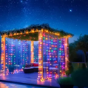 Solar-Powered LED Curtain Lights, Led Outdoor Waterproof, Outdoor String Lights in White, Warm White & Multicolor 300LEDs – Perfect for Garden, Patio, Wedding, Christmas & Halloween Decor, Outdoor Solar Lighting Strip