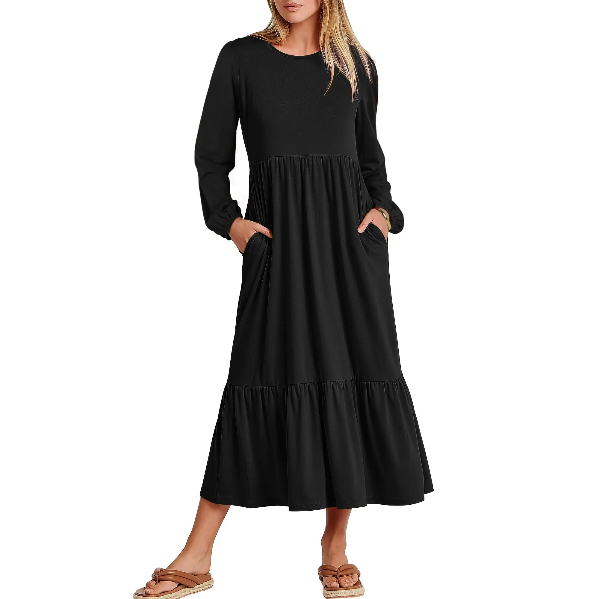 ANRABESS Long Sleeve Midi Dresses for Women Casual 2026 Fall Crewneck A Line Tiered Flowy Loose Trendy Dresses with Pockets Stretchy Dresses