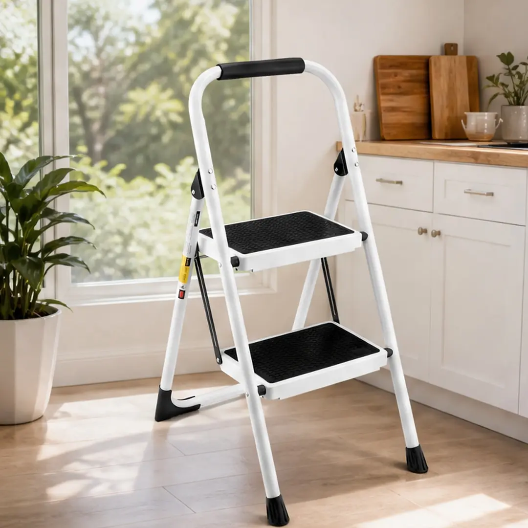 ARCH 2-Step Folding Step Ladder with Handrails, Anti-Slip Wide Pedals, 8.7 lb Portable Lightweight, 330 lbs Capacity, White PU Finish, ABS+Steel Frame, Comfortable Climbing, Enhanced Stability, for Garage, Kitchen, Window Washing (Platform Design)