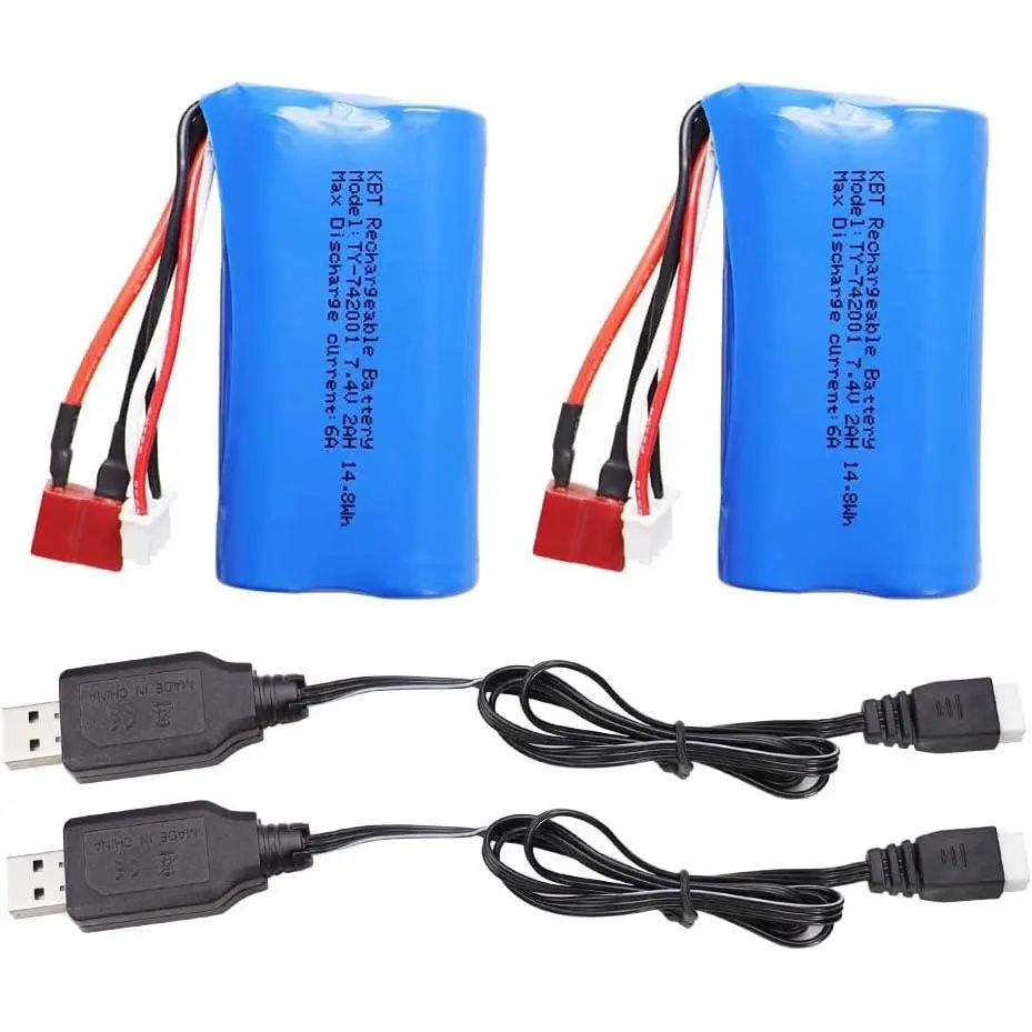 2 count 7.4V 2000mAh Li-ion Rechargeable  Pack, T Plug Lithium-ion  Fit for High Speed RC Cars and  1/10, 1/12, 1/16 Scale RC Cars  with XH-3P Charging Cable