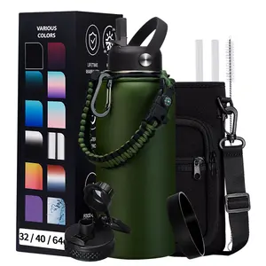 32 40 64 128 OZ Water Bottles with Straw, Storage Carrier Bag, Paracord Handle & Chug Lid, BPA-free Vacuum Gallon Insulated Water Bottle, Keep Cold 48Hrs & Hot 24Hrs, Stainless Steel Hydro Sports Office Travel