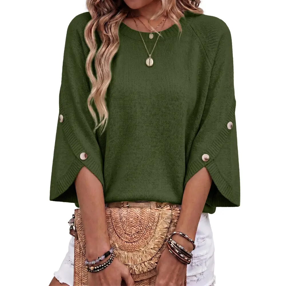 Dokotoo Womens Three Quarter Length Sleeve Casual Oversized Trendy Knitwear Sweaters Crewneck Sweater Knit Tops Button Sleeve Knit Pullover