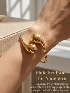 18K Gold Plated Waterdrop Cufflink Bangle, Minimalist Sculpture-style Open Bangle, Made of Stainless Steel, Hypoallergenic and Waterproof, Personalized Jewelry, Elegant Daily Stackable Gift for Women