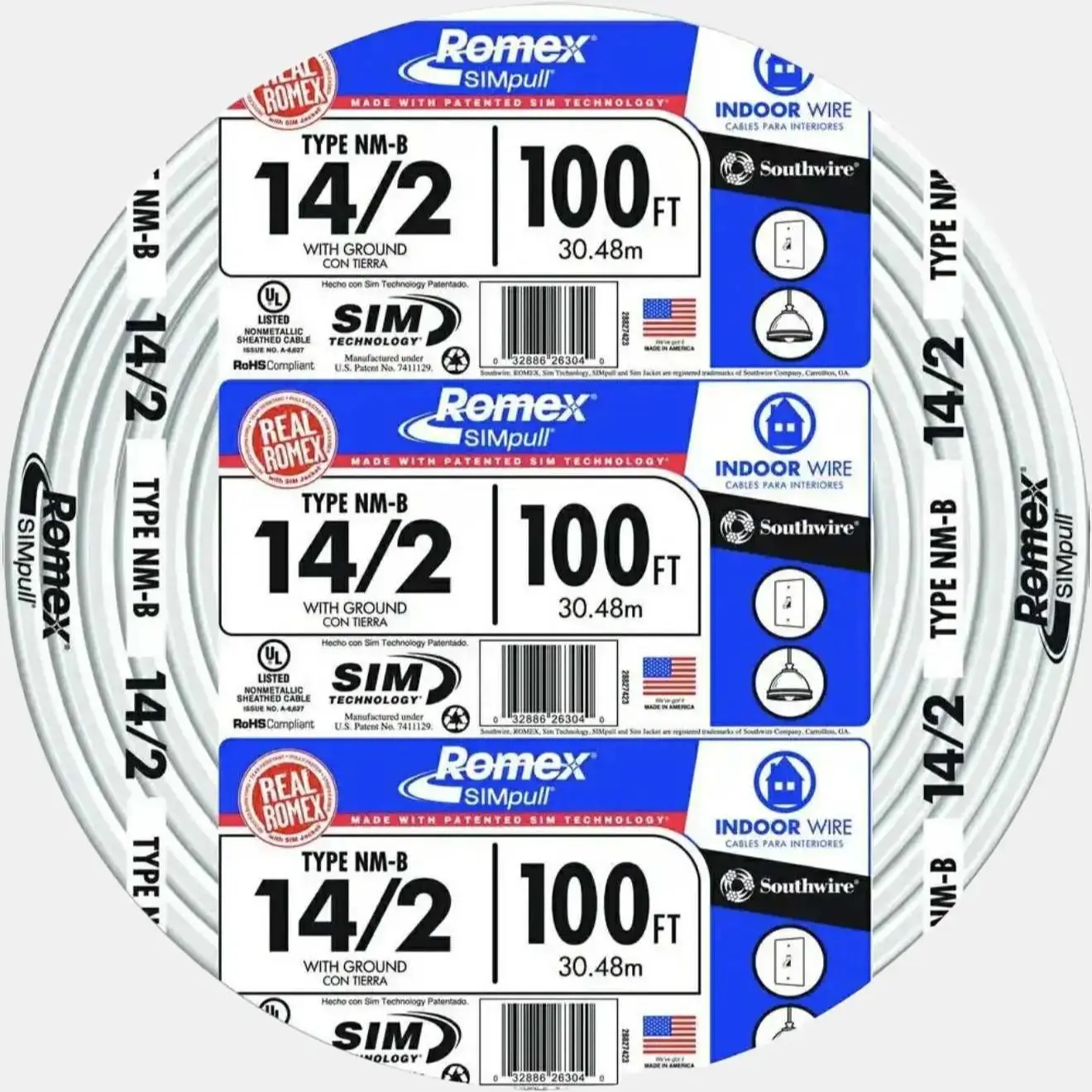 Southwire Remex 14/2 NM-B 100 ft Solid Wire with Ground Indoor Electrical Cable 30.48m Nonmetallic-Sheathed for Dry Areas