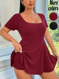 【Plus-Size】1 Piece Square Neck Short Sleeve Skort Dress, Casual Active Style, Hidden Pocket Detail, For Curvy Women, Perfect for Daily Errands & Casual Outings, TikTok Viral Fashion, Casual Wear