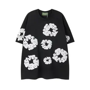 Denim Tears New Summer Sweet Pink 3D Foam Print Cotton Flower Set, Oversized Drop‑Shoulder Short‑Sleeve Top + Elastic Waist Drawstring Pocket Shorts, Casual Daily Versatile Couple Two‑Piece Outfit