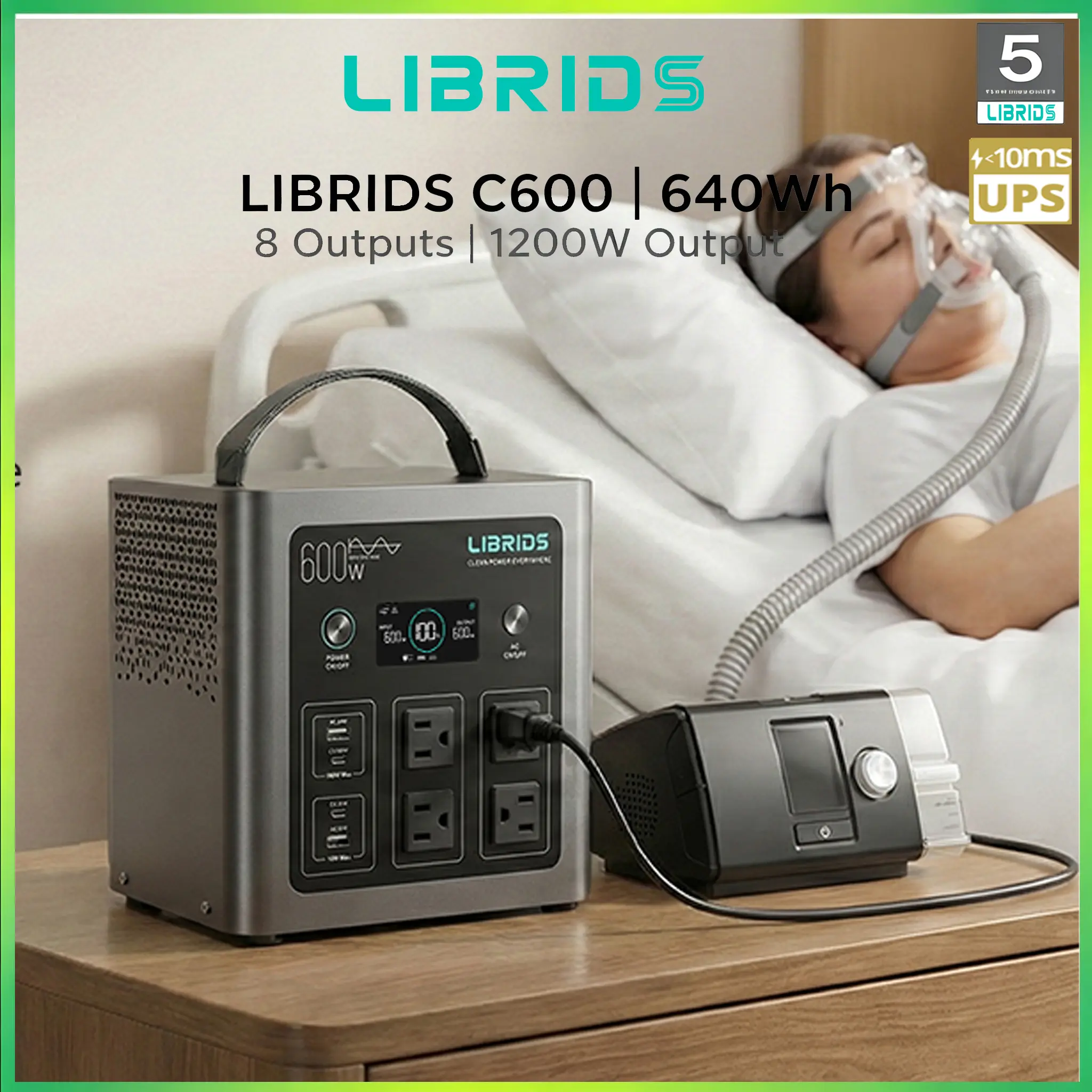 LIBRIDS Portable Power Station C600, 640Wh LiFePO4 Battery, 600W (Peak 1200W) Solar Generator, 1.5H Fast Charge, 10ms UPS, 8 Ports(4 AC) for Camping, Home Backup & Outages