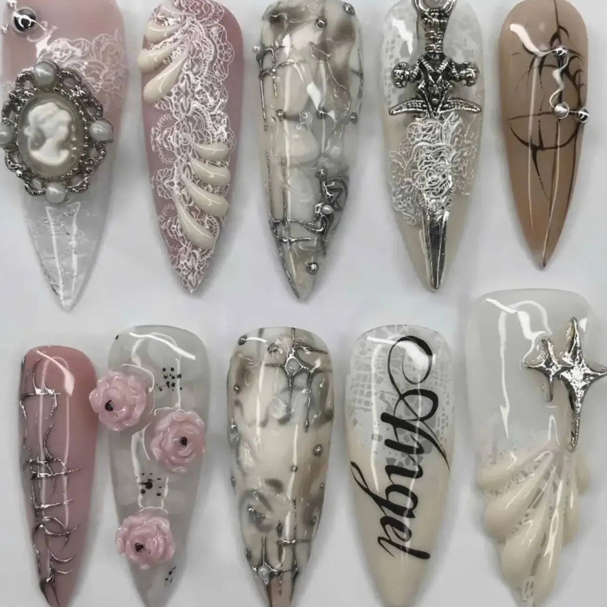 Dark Gothic Lace Press On Nails | Silver Dagger Charm, Marble Chrome, 3D Gothic Fantasy Handmade Nail Art