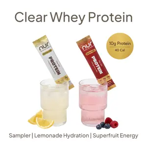 NUR Protein Sampler - 2 Stick Pack, Clear Whey Protein, Dissolves in Water, 10g Protein 40 Cal, Zero Sugar, Lactose Free, Gut Friendly, Hydration or Energy - Try Both Flavors (Lemon Kick + Superfruit)