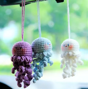 Loppy Puff - Crochet Jellyfish Car Mirror Hanging Accessories, Smiley Octopus Car Rear View Mirror Ornament, Anime Car Interior Accessory For Women/Teens