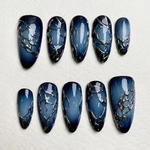 Navy Blue Ombre Press-On Nails, Chrome Vein Dark Gothic Fake Nails - DarkNailz