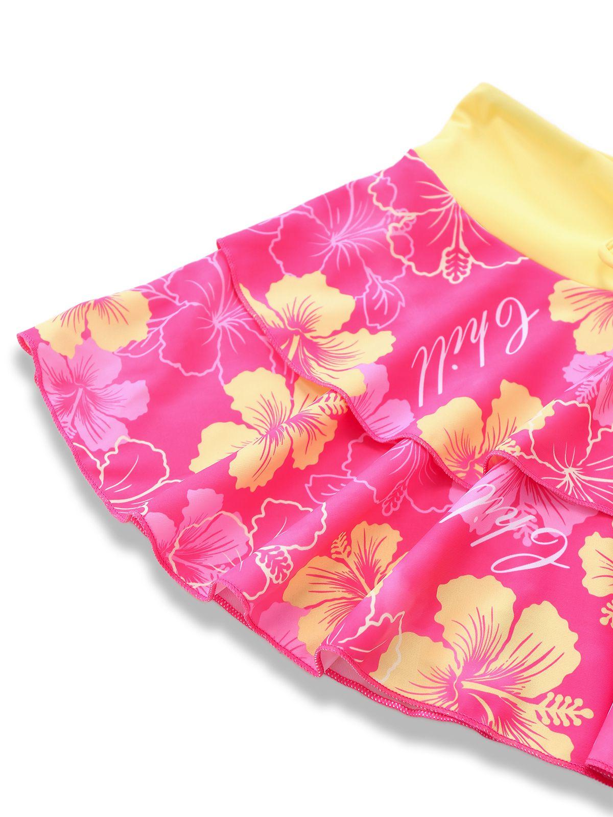 Pink 1960s Tropical Floral Print Tie-Front Layered Hawaii Bikini Set