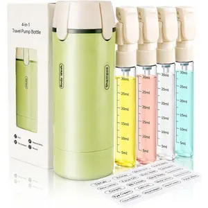 4 in 1 Travel Dispenser Bottle, TSA Approved Leak Proof Refillable Toiletry Containers for Shampoo, Conditioner, Lotion & Skincare – Easy Clean Travel Bottles for Gym, Business