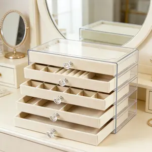 Stackable Clear Jewelry Organizer with 5 Soft Velvet Drawers, Acrylic Jewelry Storage Box for Earrings, Necklaces, Rings and Bracelets, Customizable Compartments, Elegant Vanity and Dresser Organizer, Stylish Gift for Women, Mom and Wife