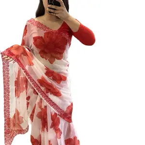 Women's Traditional Floral Print Lightweight Embroidered Fabric Saree with Fall, Picco Finishing for Elegant Clothes