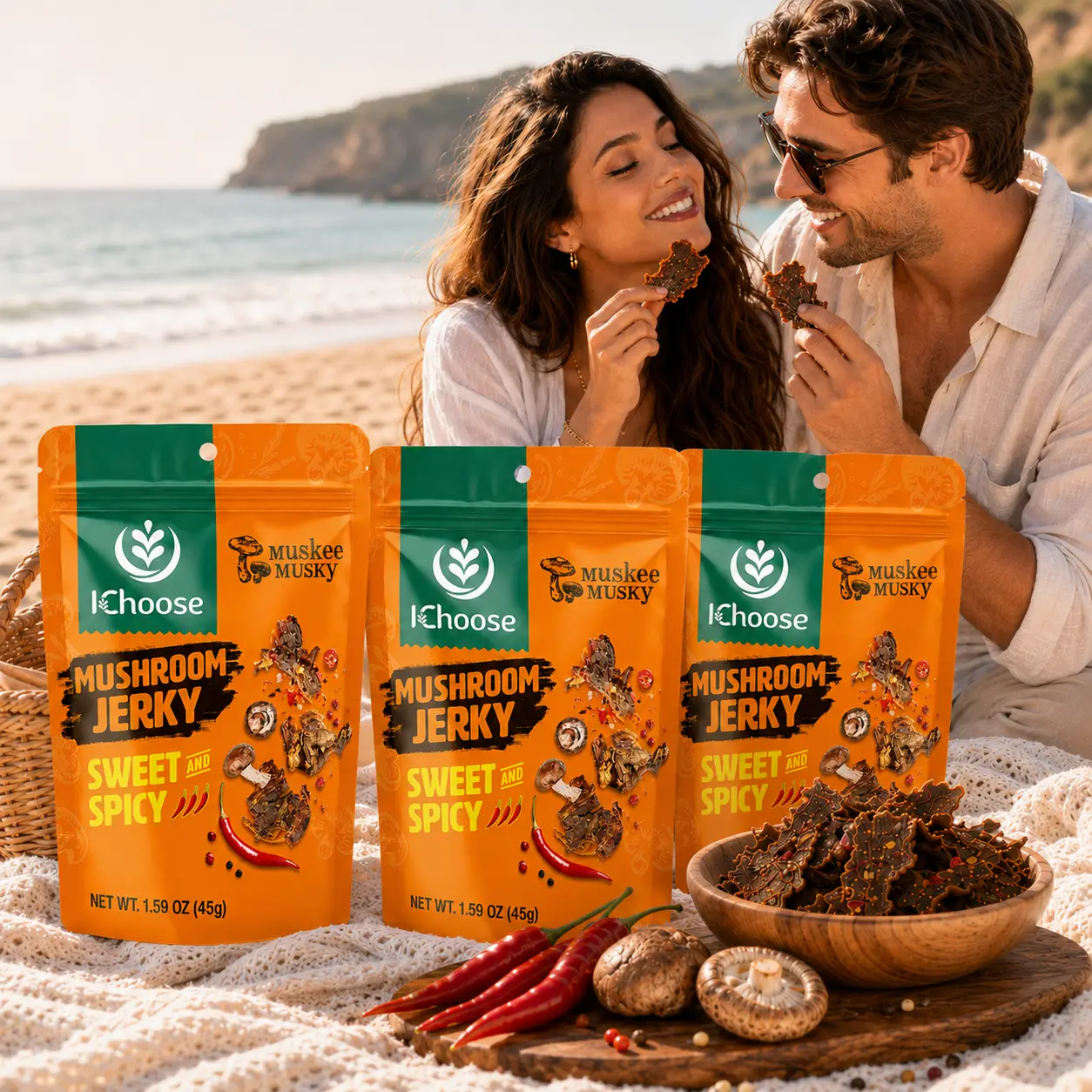 Zonfair Savory Dried Sweet & Spicy Flavor Mushroom Jerky, 3-Pack Vegan Gluten-Free Plant-Based Snack