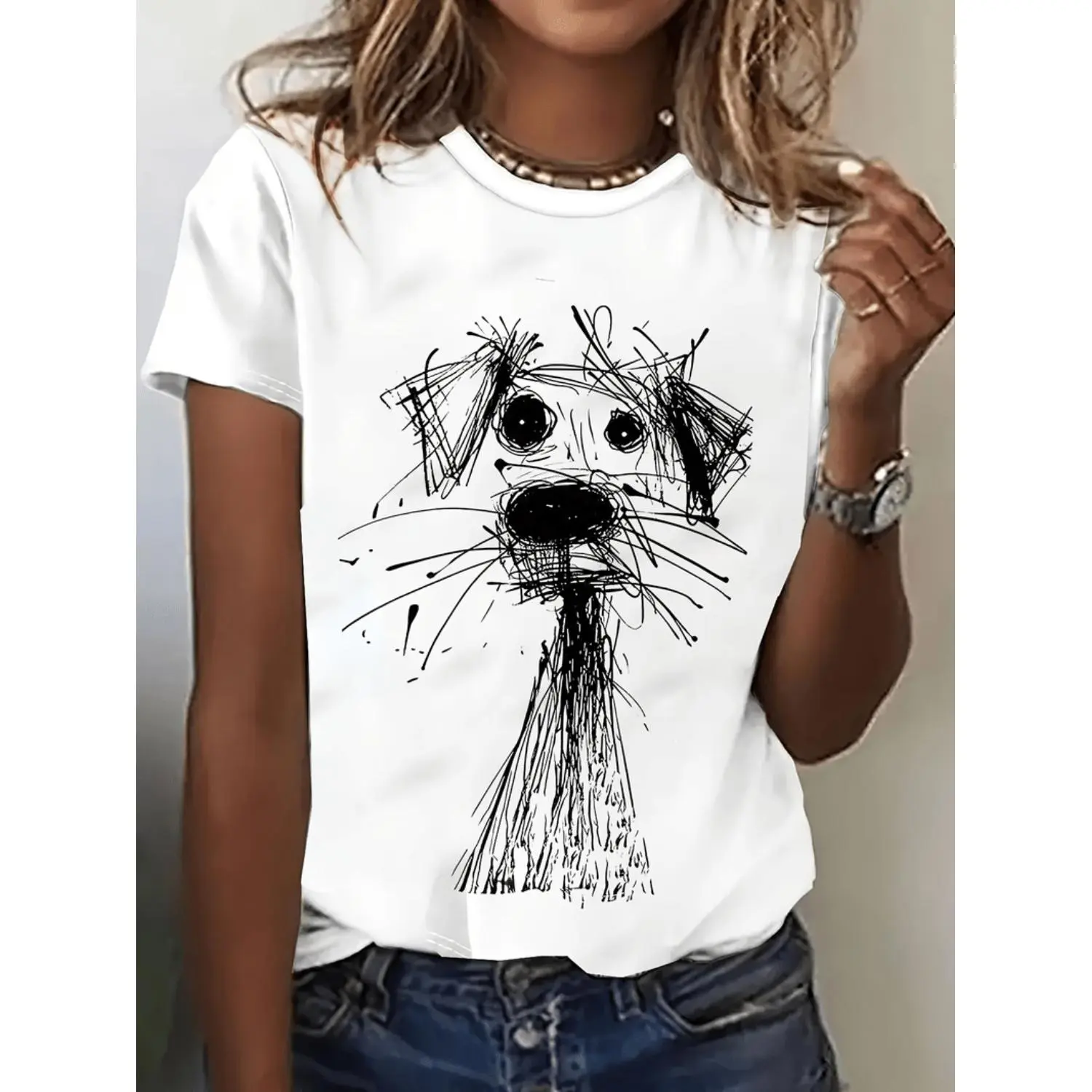 Women's Casual Short Sleeve T Shirt Featuring Hand Drawn Dog Illustration and Geometric Print in White with Black Ink Art Made from Soft Breathable Fabric Perfect for Versatile Casual Wear and Celebratory Occasions