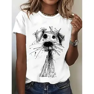 Women's Casual Short Sleeve T Shirt Featuring Hand Drawn Dog Illustration and Geometric Print in White with Black Ink Art Made from Soft Breathable Fabric Perfect for Versatile Casual Wear and Celebratory Occasions