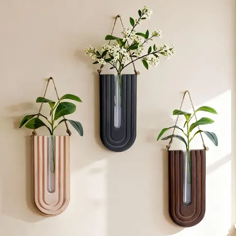 Ivydale 3-Piece Natural Wood Wall-Mounted Vase Set - Lightweight Mesh Propagation Hanging Planters for Indoor Plants, Boho Modern Farmhouse House Decor, Aesthetic Bathroom Dining Room Entryway Focal Art