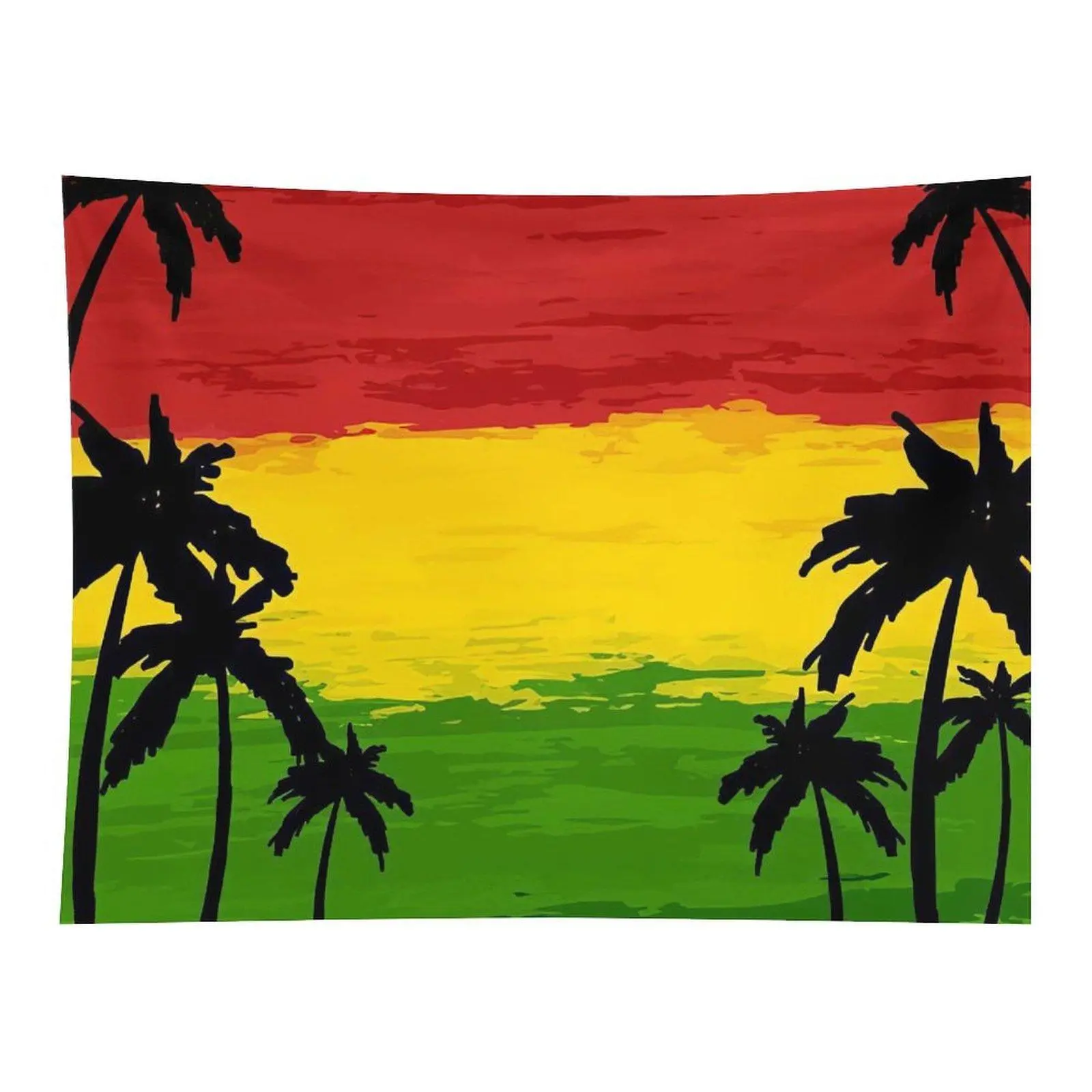 Rasta Color Palm Tree Beach Sunset Wall Tapestry, Reggae Style Tropical Silhouette Scenery, Red Yellow Green Background Room Wall Art Decor