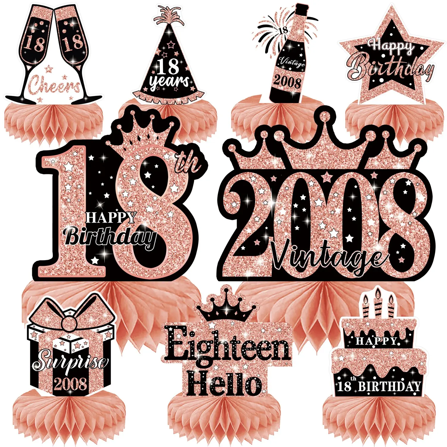 9 Pcs 18th Birthday Decoration 18th Birthday Centerpieces Decorations Cheers to 18th Birthday Honeycomb Centerpieces 2008 Table Topper Rose and Gold 18th Birthday Party Favors Favors