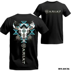 Western Bull Skull Aztec Print T-Shirt, Turquoise Southwestern Cowgirl Tee, Oversized Vintage Wash Country Shirt, Native American Inspired Graphic Tee, Casual Cotton Crewneck for Rodeo, Festival & Everyday Wear, Retro Boho Cowboy Graphic Tee