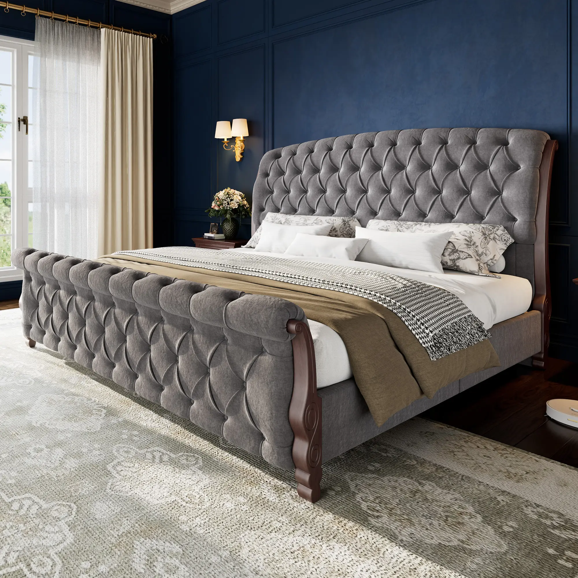 [Summerwins]VanAcc Upholstered Bed Frame, 53" Tall Sleigh Bed with Button Tufted Chenille Headboard and Footboard, Platform Bed with Carved Solid Wood Legs, No Box Spring Needed
