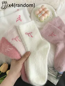 4 pairs / 12 pairs of soft plush cute bow-patterned women's thickened mid-calf Cozy Socks, white and pink sent randomly, warm and comfortable style for autumn and winter, home casual style, Fitted style Womenswear