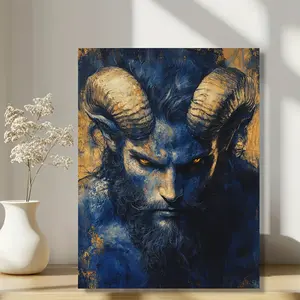 1pc with frame -Angry blue horned man portrait Theme Canvas Wall Art Framed Painting Clearance Sale, 2D Flat, Suitable for Halloween, Christmas, Winter and Summer, Luxury Indoor Decoration for Him/Her, Bedroom, Living Room, Bathroom