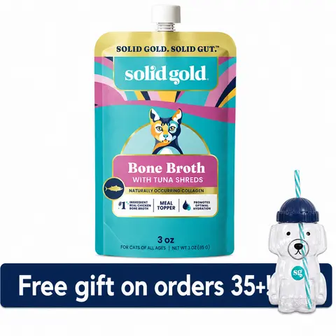 Solid Gold Bone Broth Tuna Meal Topper for Cats - Real Chicken Bone Broth, Premium Shreds, Collagen for Gut Health, Grain-Free Wet Cat Food Topper