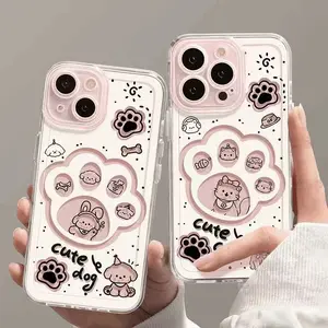 Hollow Cute Cat & Dog Phone Case for iPhone 17 Pro Max 16 15 Pro 14 13 X, Creative Cartoon Paw Print Clear Transparent Cover
