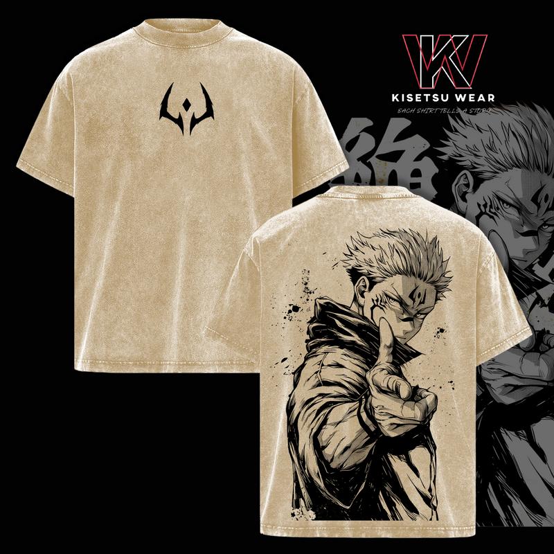 Ryomen Sukuna Vintage Washed Oversized T-Shirt – Jujutsu Kaisen: Execution x The Culling Game Anime Graphic Tee, Retro Streetwear Casual Unisex Top, Acid Wash Soft Cotton T-Shirt, Gift for JJK Fans