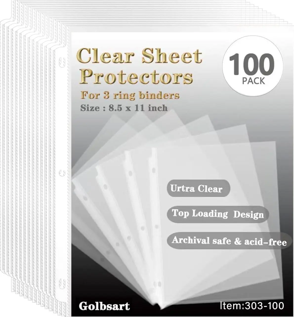Sheet Protectors 8.5 x 11, Page Protectors for 3 Ring Binder 100ct | Heavy Duty Clear Plastic Binder Sleeves Top-Loading Reinforced 3-Hole Edge for 3 Ring Binder, Letter Size Document Protection
