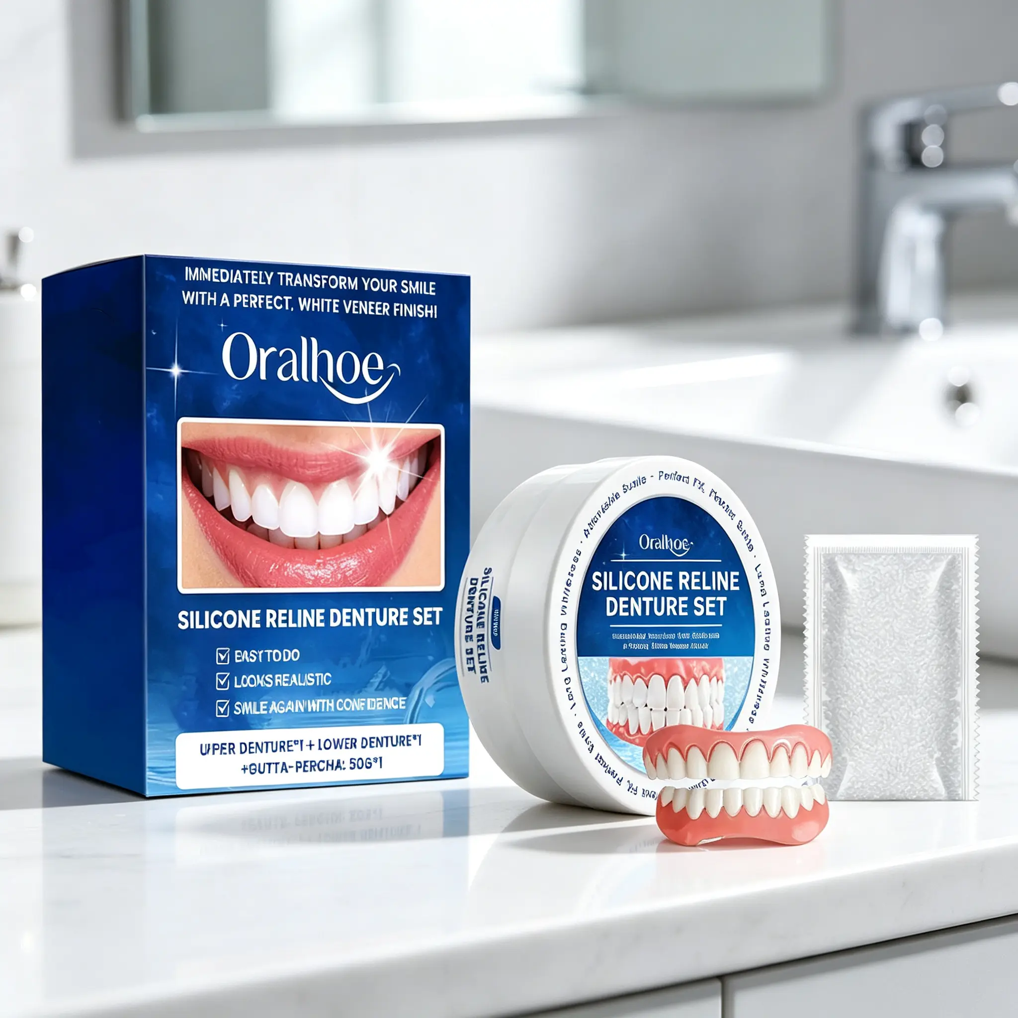 Silicone Denture Set Upper & Lower – White Veneer Finish, Easy DIY Reline Kit with Gutta-Percha 50g | Oralhoe