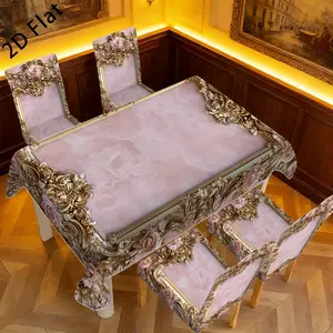 New 2D Flat Printed Tablecloth & Dining Chair Slipcover Set, 5Pcs/7Pcs Rectangle Table Decor, Washable Reusable All-Season