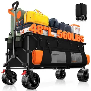 48" L Collapsible Wagon Cart Foldable, 560LB Weight Capacity 300L Heavy Duty Folding Beach Wagons with Big All-Terrain Wheels, Utility Carts for Groceries, Shopping, Camping, Sports