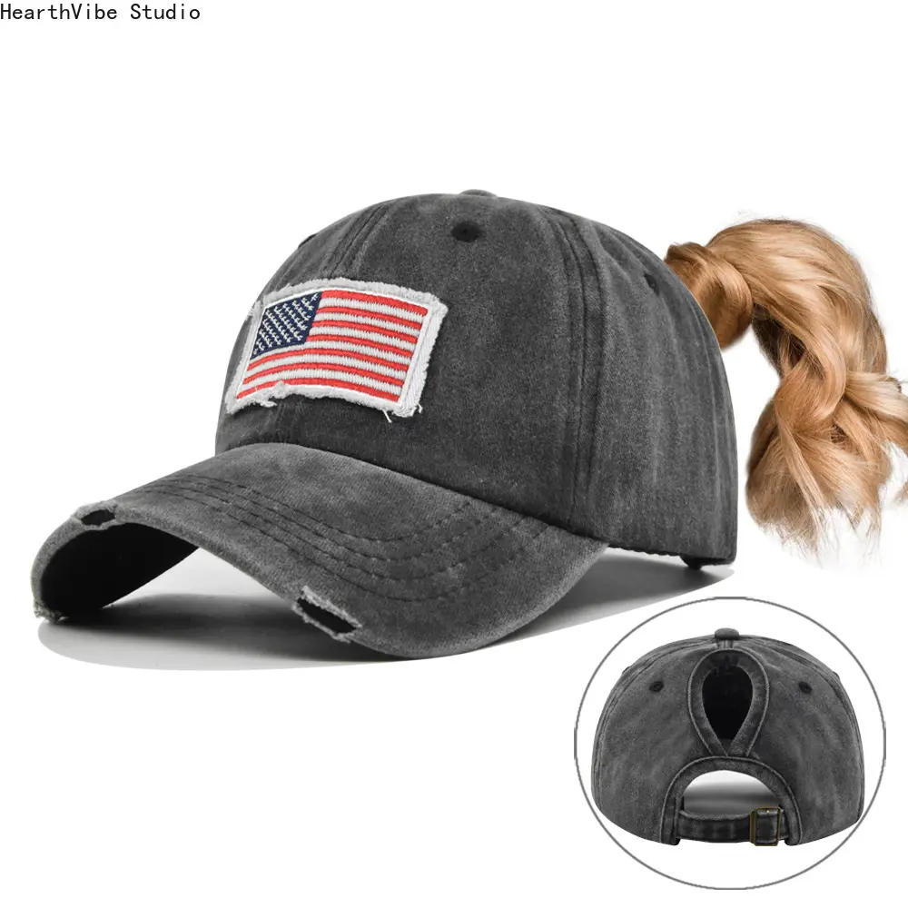 Women's Embroidered Cap, Patriotic American Flag Distressed Trucker Hat with High Ponytail Hole & Adjustable Mesh Back, Hats For Women, Trucker Hats Women