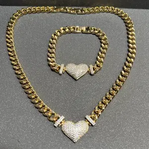 Heart Set Chain Necklace 18in & Bracelet 7in 8mm Gold Plated with Pave Diamond Heart Pendant