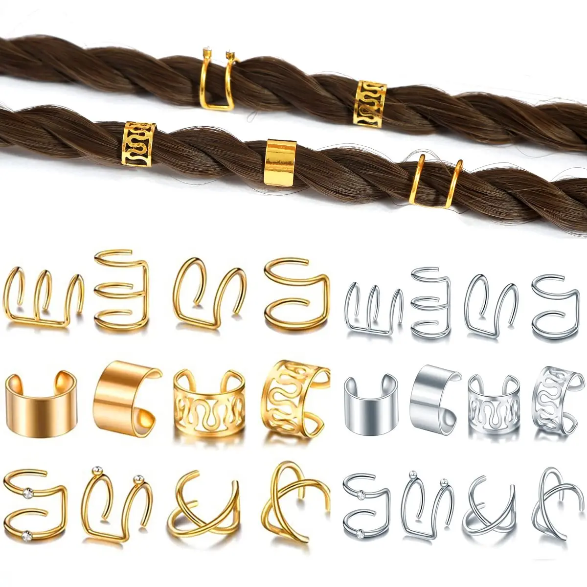 24 Pcs Gold Silver Hair Braids Dreadlock Beads, Non-Piercing Ear Clips & Beard Cuffs, Fashion Hair Accessories for Women Men, Stylish Jewelry Gift