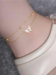 2-Piece Imitation Crystal Bow Women's Anklet Set, Stylish Gold/silver Color Stainless Steel Layered Chain Anklets, Ankle Bracelets