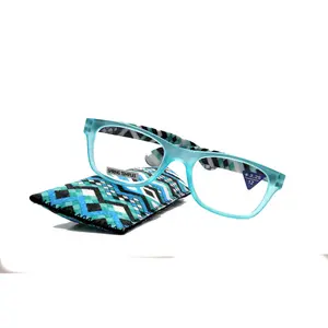 Monet, (Premium) Reading Glasses High End Readers +1 .. +3 Magnifying, Translucent (L Blue) Chevron Square. Optical Frame. NY Fifth Avenue. Unisex Lightweight