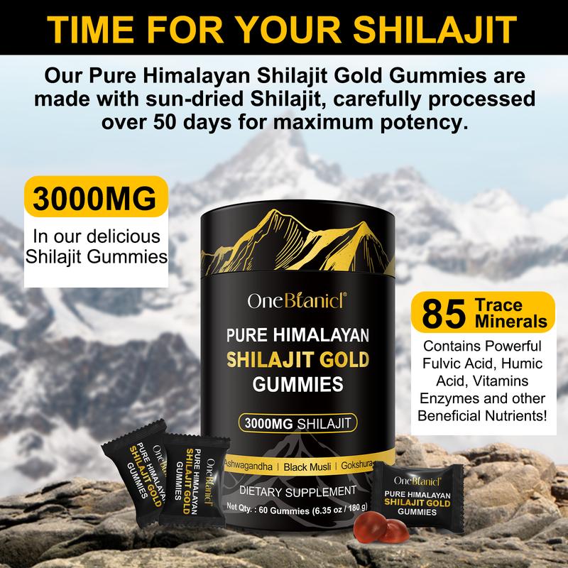 ONEBTANICL Pure Himalayan Shilajit Gold Gummies 3000MG Lab Tested No Sugar Added with Ashwagandha Gokshura & 85+ Trace Minerals 60 Count