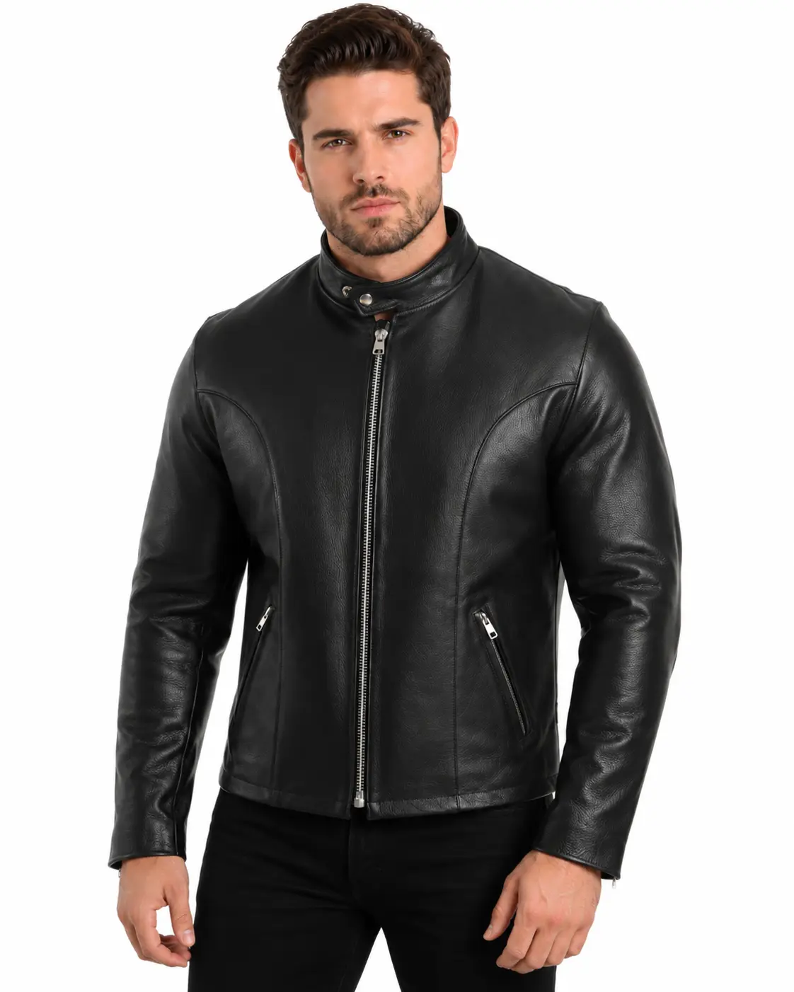 REED Men's Plain Biker Jacket in Premium Naked Cow Leather with Zip-Out Lining and Adjustable Buckles - Made in USA, Fashion