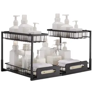 【Spotlight Day】VEVOR 2 Tier Pull Out Cabinet Organizer(10.7"W x 14.2"D ), Under Sink Organizer and Storage, Slide Out Drawer Cabinet Organizer, Wire Basket Sliding Shelf for Kitchen Bathroom Cabinet, Black (2 Pack)