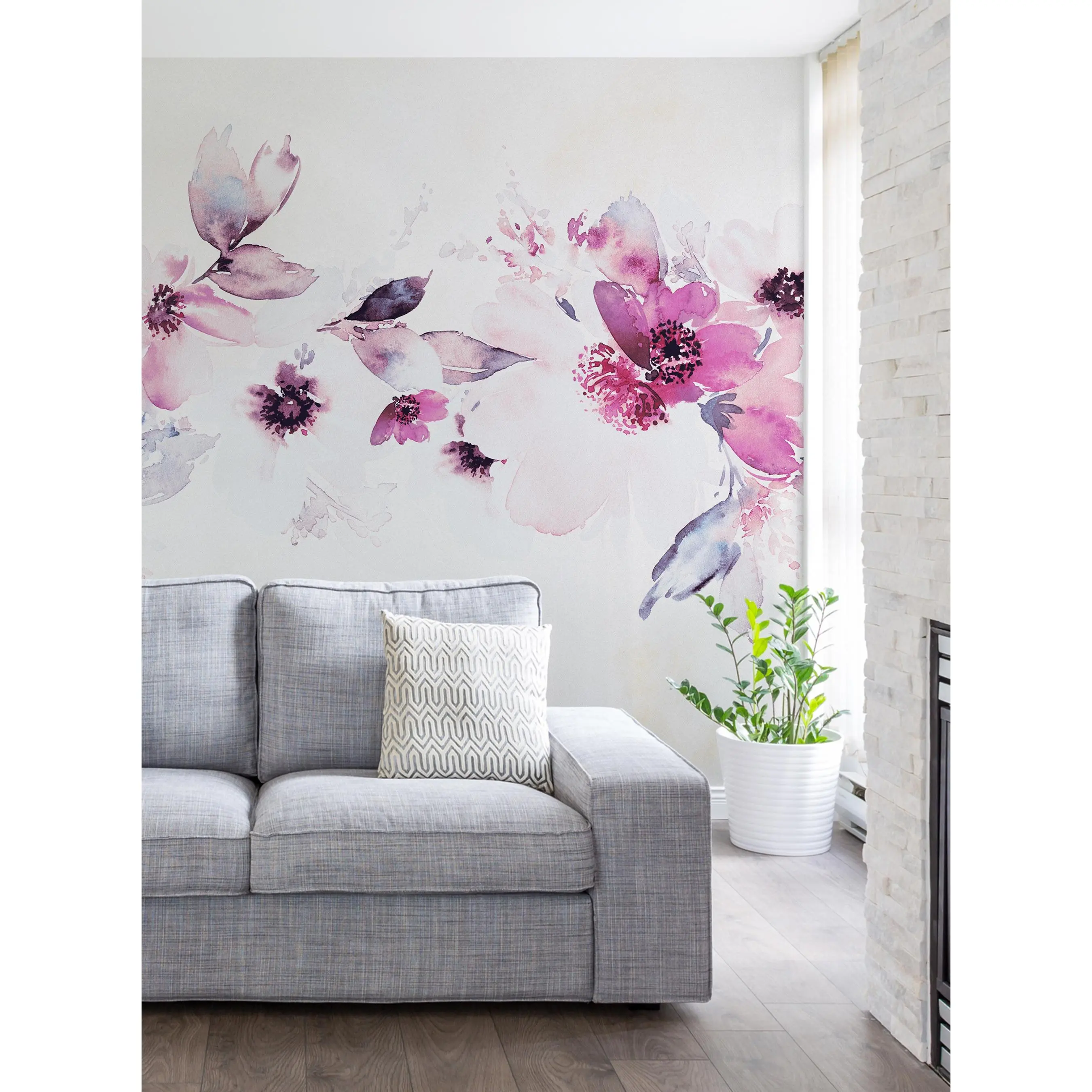 Peel Stick Vinyl Watercolor Floral Band Mural Wall Art Wallpaper - Renter Friendly Temporary Flower Wallpaper for Accent Walls
