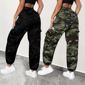 Women’s 2-piece camouflage workwear set: jogging pants and high-waisted elastic drawstring camouflage pants; lightweight street-style workwear pants with pockets.