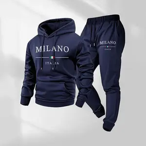 Men’s Paris and Milano letter-print hoodie and drawstring sweatpants set; long-sleeve hooded sweatshirt and jogger outfit with pockets; casual two-piece fall/winter streetwear tracksuit; athletic men’s sportswear set for daily indoor wear.