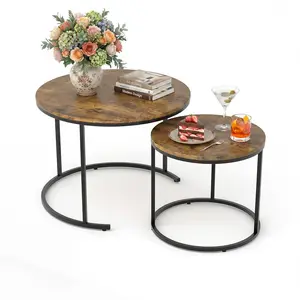 23.6/15.7 Inch Round Nesting Coffee Table Set of 2, Round Coffee Table for Living Room, Space Saving Nesting Tables with Faux Marble Top, Metal Frame, Adjustable Feet for Bedroom, Tiger Brown/White/Walnut